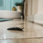 Petite limace noire maison sur carrelage de cuisine