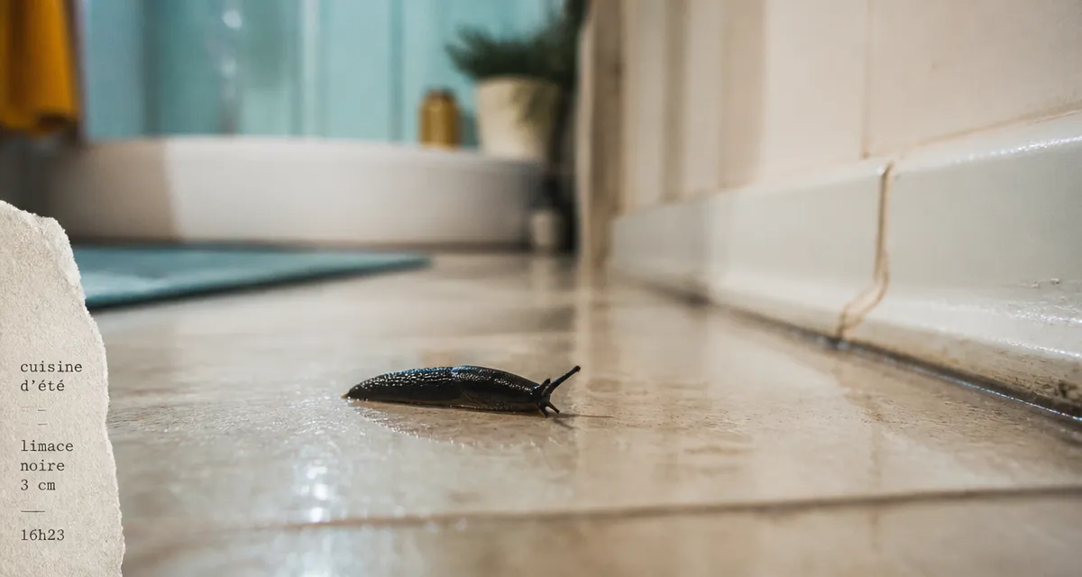 Petite limace noire maison sur carrelage de cuisine