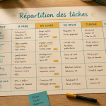 tableau de répartition des taches manuscrit sur bureau