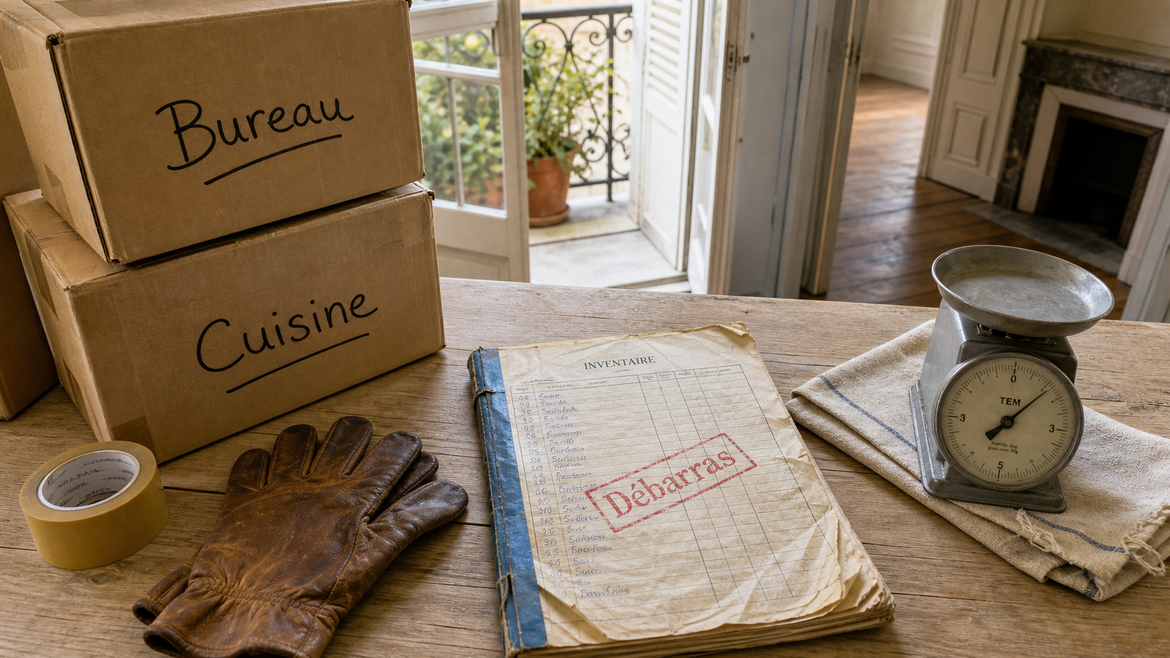Vide maison roanne : piles de cartons et porte-fenêtre, pour libérer l’espace