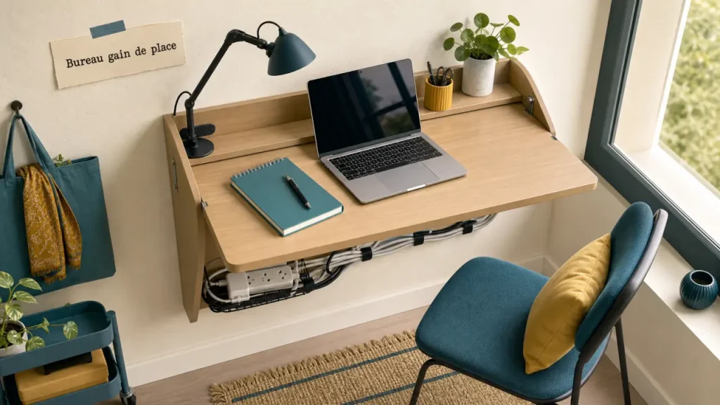 Aménager un bureau dans un petit espace : bureau mural rabattable près de la fenêtre