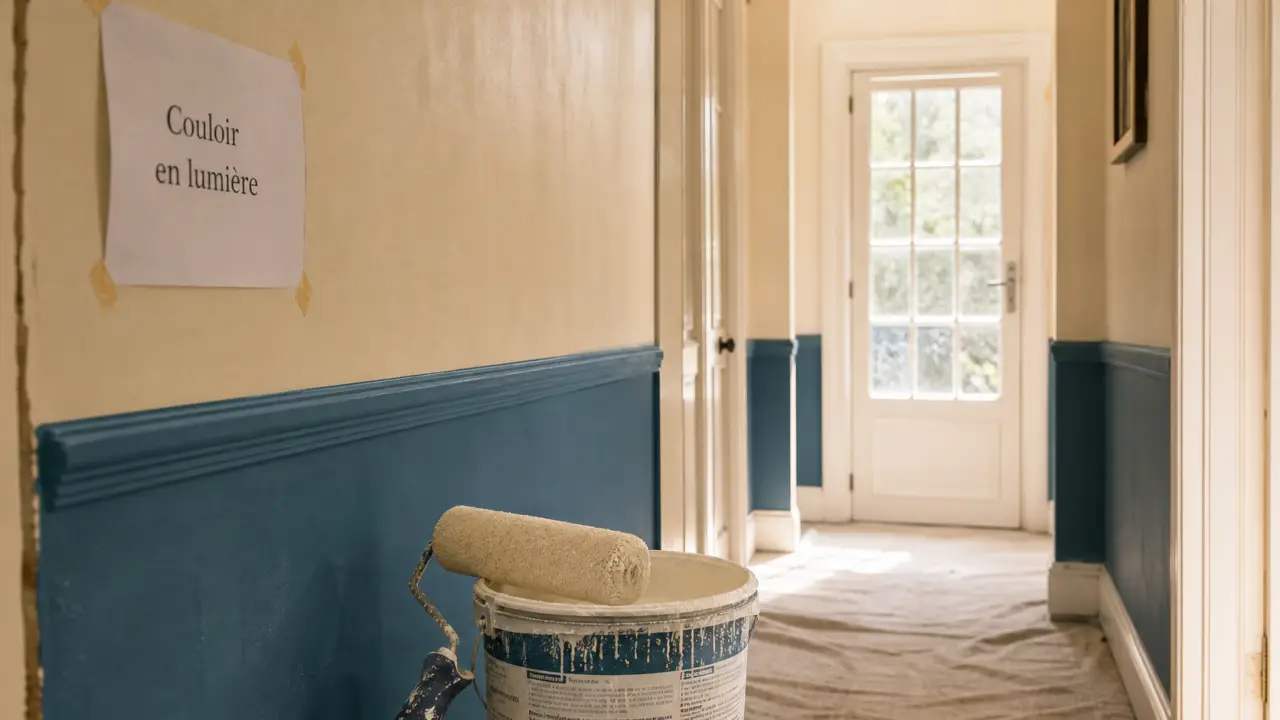 Couleur peinture pour couloir : murs ivoire chaud et soubassement bleu pétrole