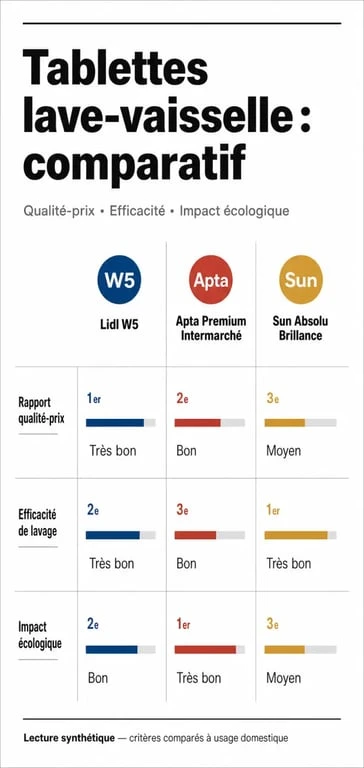 Comparatif de la meilleure tablette lave vaisselle avec scores, prix par lavage et critères écologiques
