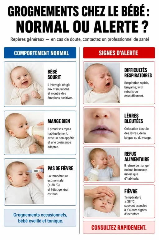 Infographie sur les causes des grognements chez le bébé et les signes d'alerte à surveiller