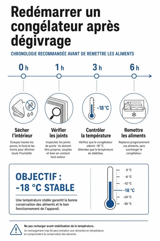 Infographie des étapes de redémarrage d'un congélateur après dégivrage : délai d'attente de 3 à 6 heures et température cible de -18°C.