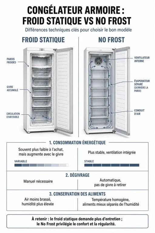 Infographie comparative des technologies de congélateur armoire : statique vs No Frost pour votre comparatif congélateur armoire.