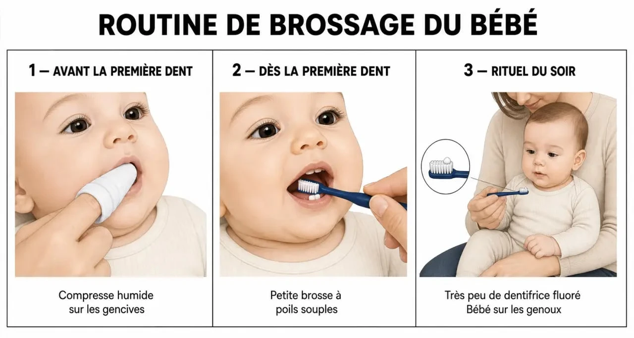 Bebe brossage dent : routine de brossage des premières dents de bébé en trois étapes