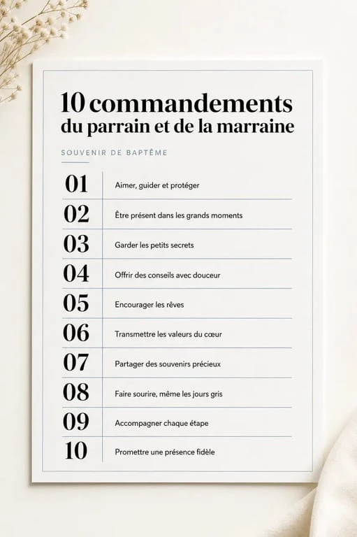 Aperçu des 10 commandements parrain marraine à imprimer sur une page A4 élégante