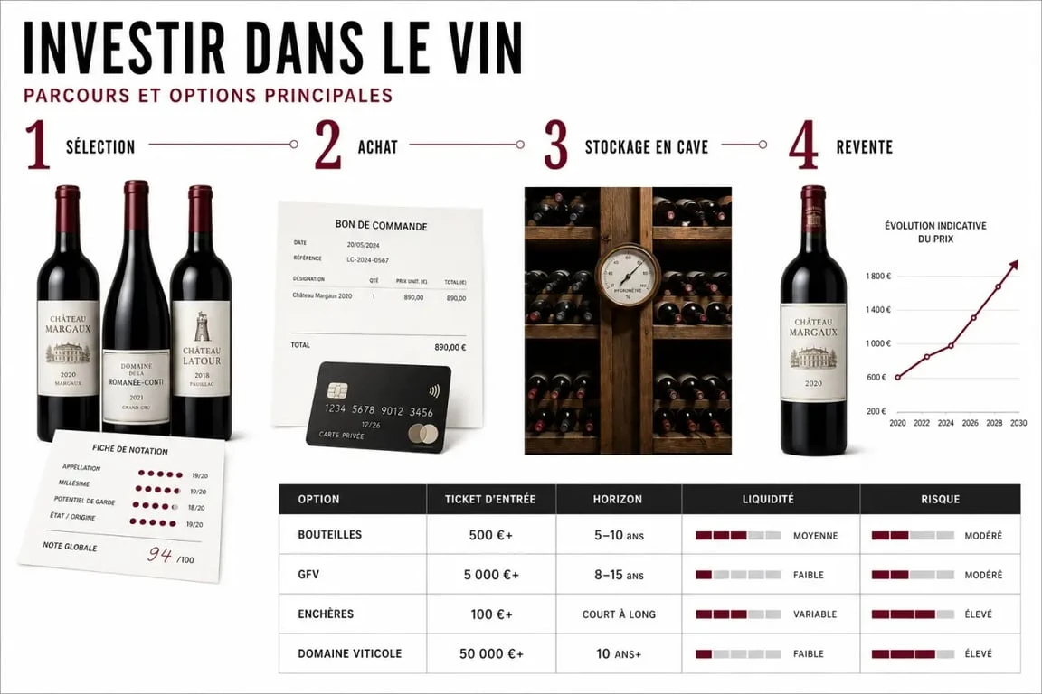 Infographie sur investir dans le vin avec comparaison des solutions et étapes clés