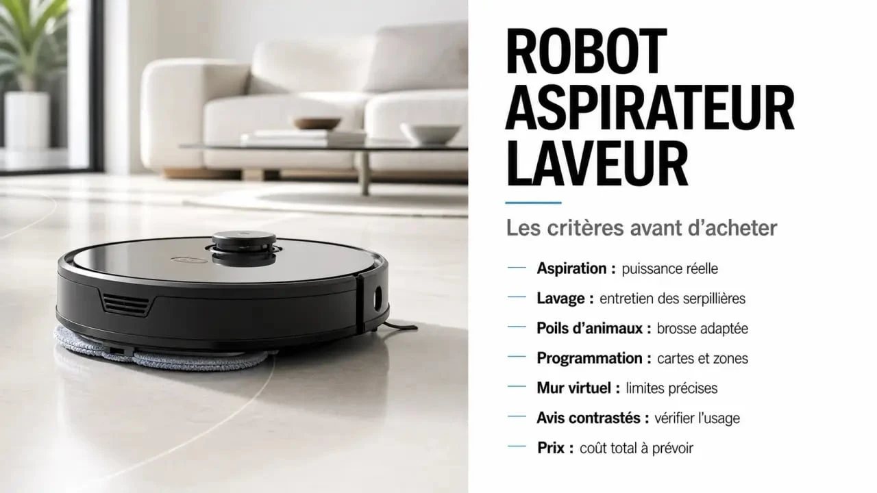 Robot aspirateur Lebon avis : visuel de synthèse d’un robot laveur dans un salon