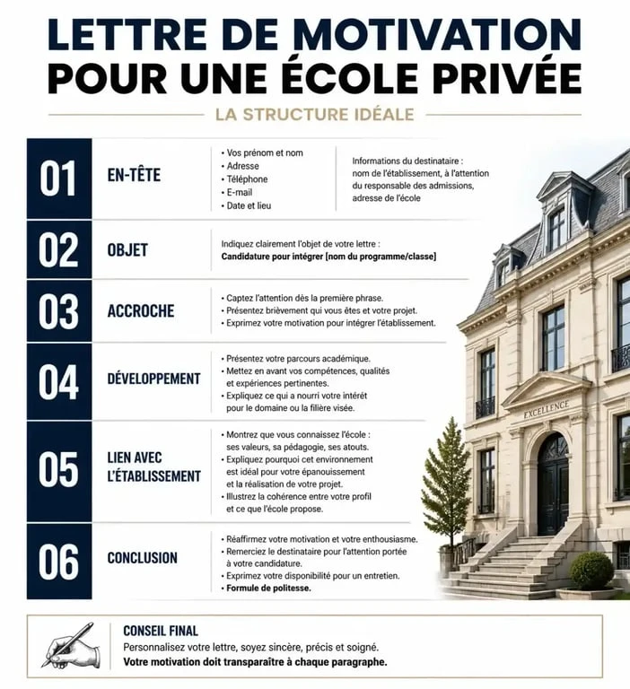 Structure d'une lettre de motivation pour une inscription dans un établissement scolaire privé
