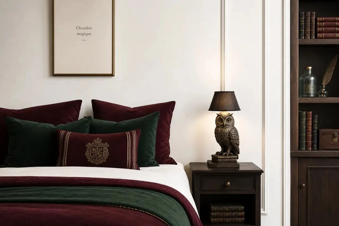 Décoration harry potter dans une chambre immersive avec lampe hibou, cadre mural et textiles aux couleurs des maisons