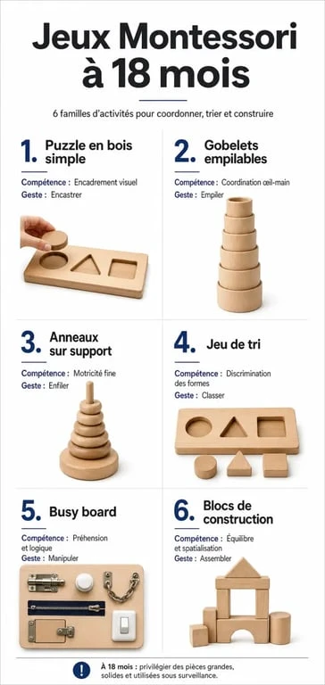 Infographie jeu montessori 18 mois : types de jeux adaptés et compétences stimulées