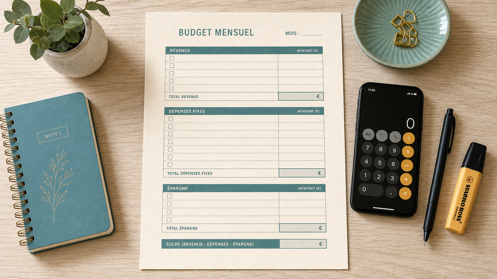 Feuille de budget mensuel vierge gratuit : revenus, dépenses et épargne