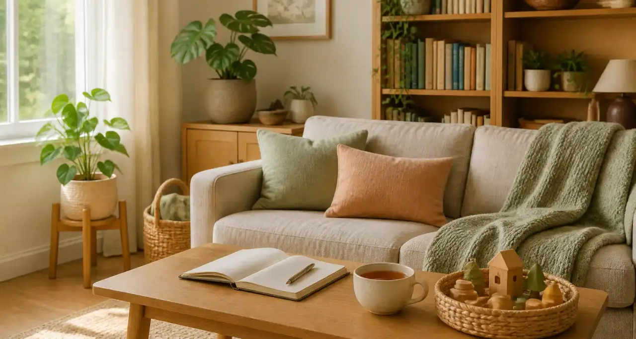 Coin salon chaleureux et rangé : canapé en lin, table en bois clair avec carnet, panier de jouets et plantes