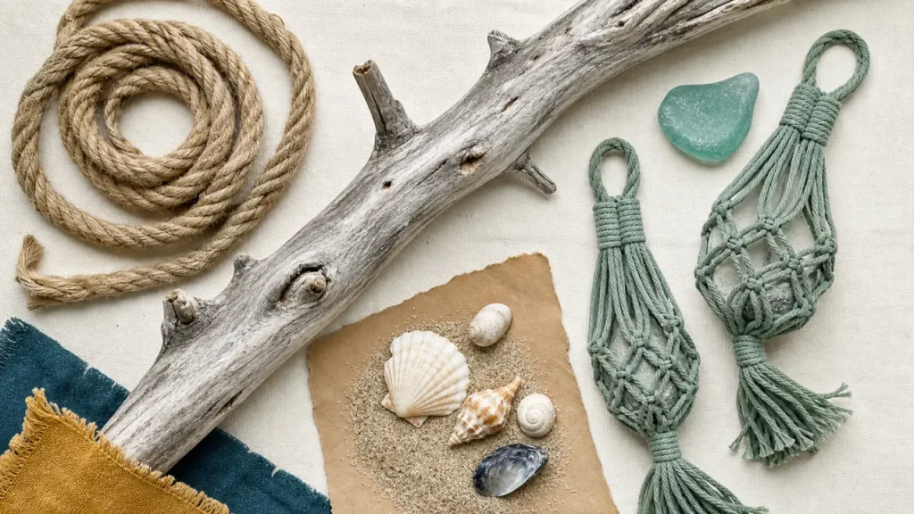 Idées déco bois flotté ambiance nature : branche flottée et déco récup sur fond beige