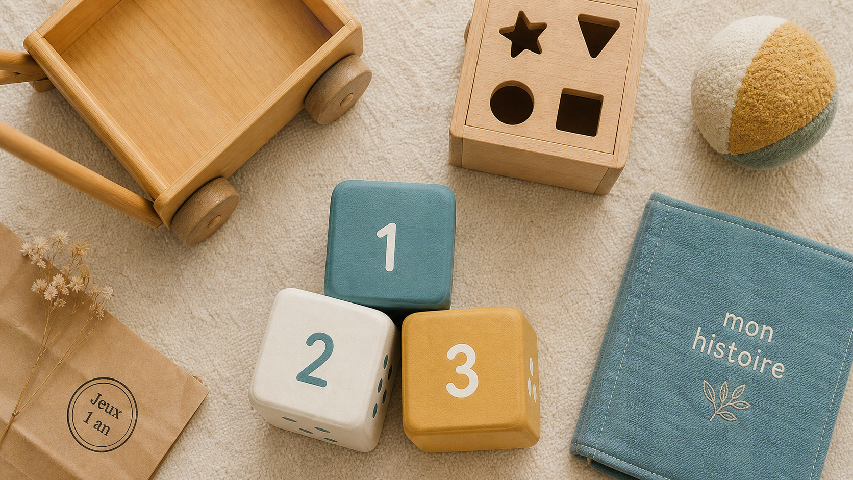 Jeux bébé 1 an pour motricité et sécurité : cubes, boîte à formes, balle, chariot en bois