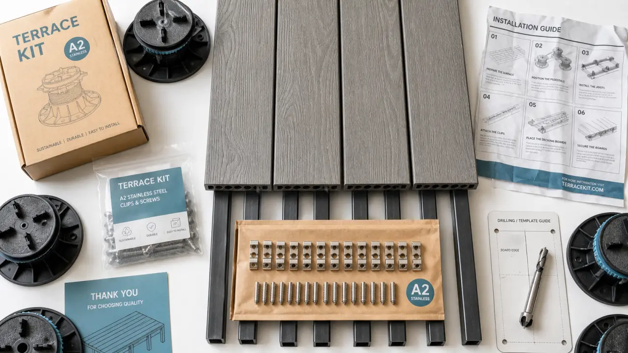 Kit terrasse prêt à poser : lames, clips et plots PVC réglables