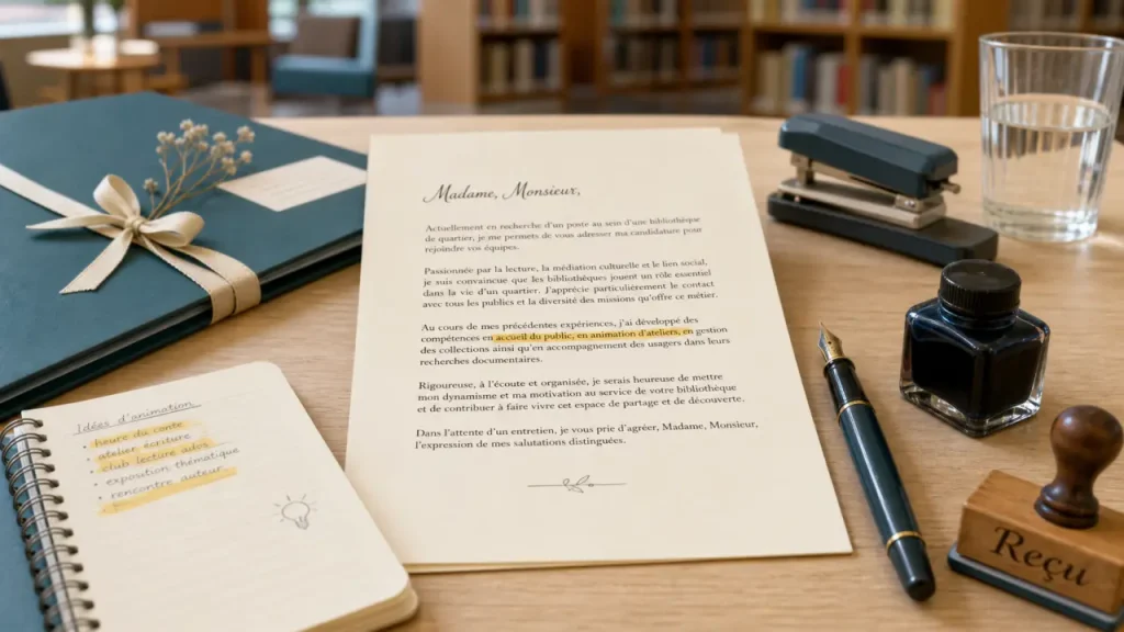 Lettre de motivation etablissement scolaire privé sur table, stylo et papier