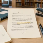 Lettre de motivation etablissement scolaire privé sur table, stylo et papier