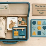Malette montessori ouverte sur table en bois, âge conseillé 12 24 36 mois