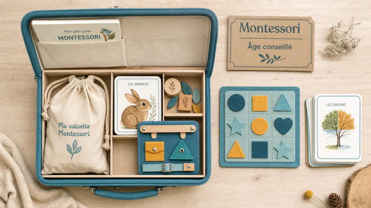 Malette montessori ouverte sur table en bois, âge conseillé 12 24 36 mois
