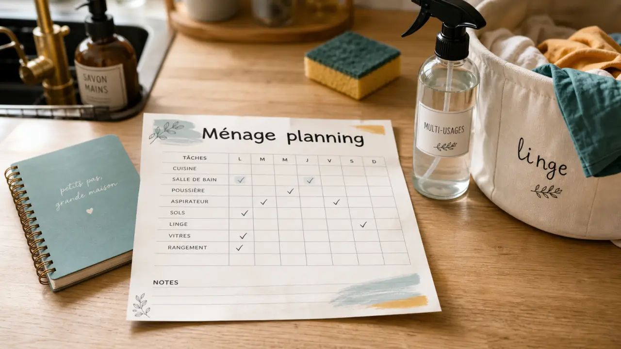 Ménage planning 15 minutes par jour par pièce, checklist cuisine