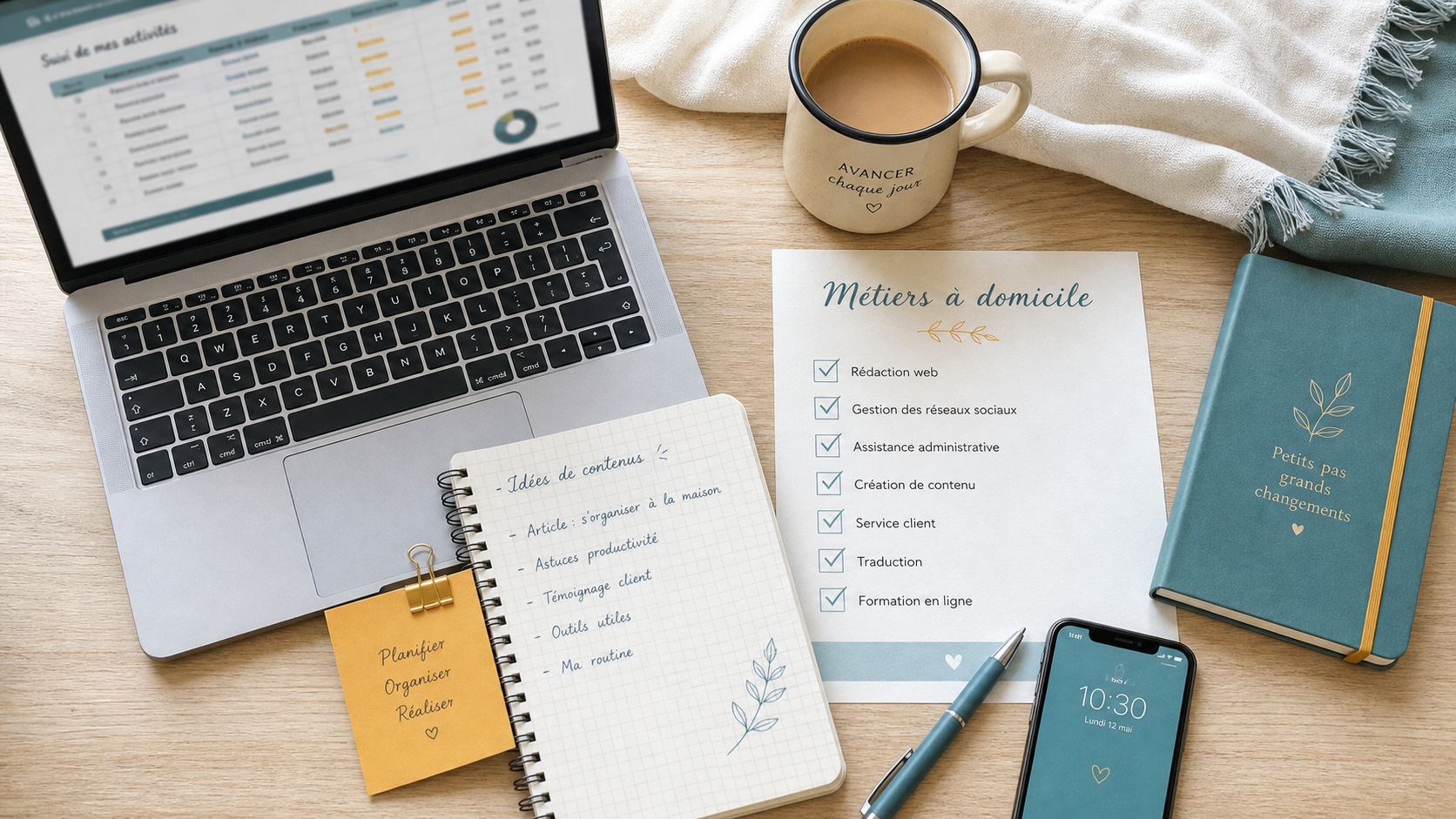 Metier a domicile sans diplome : travail chez soi sur ordinateur, carnet et smartphone