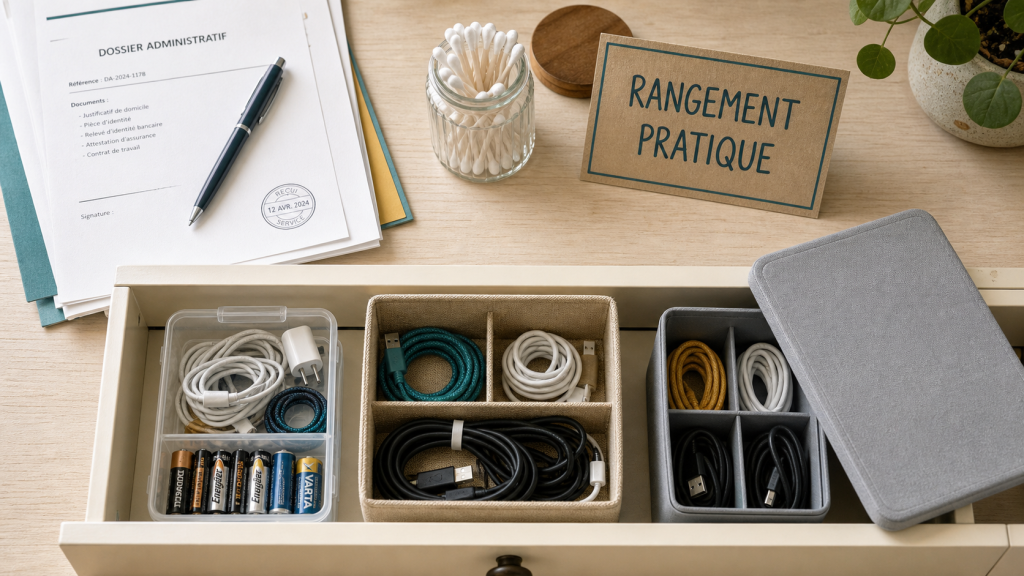 Petite boite de rangement avec couvercle gris et boîtes de rangement sur table en bois