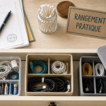 Petite boite de rangement avec couvercle gris et boîtes de rangement sur table en bois