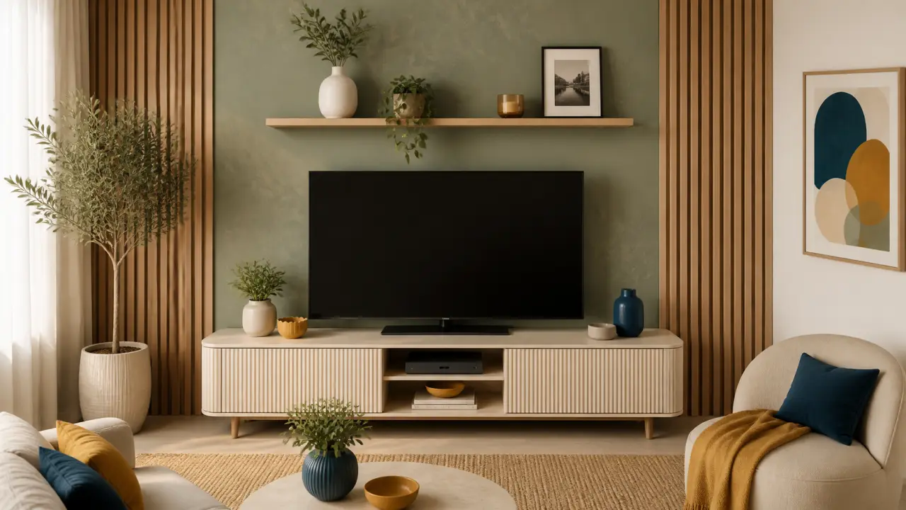 Déco au dessus de la tele : étagère flottante et cadres