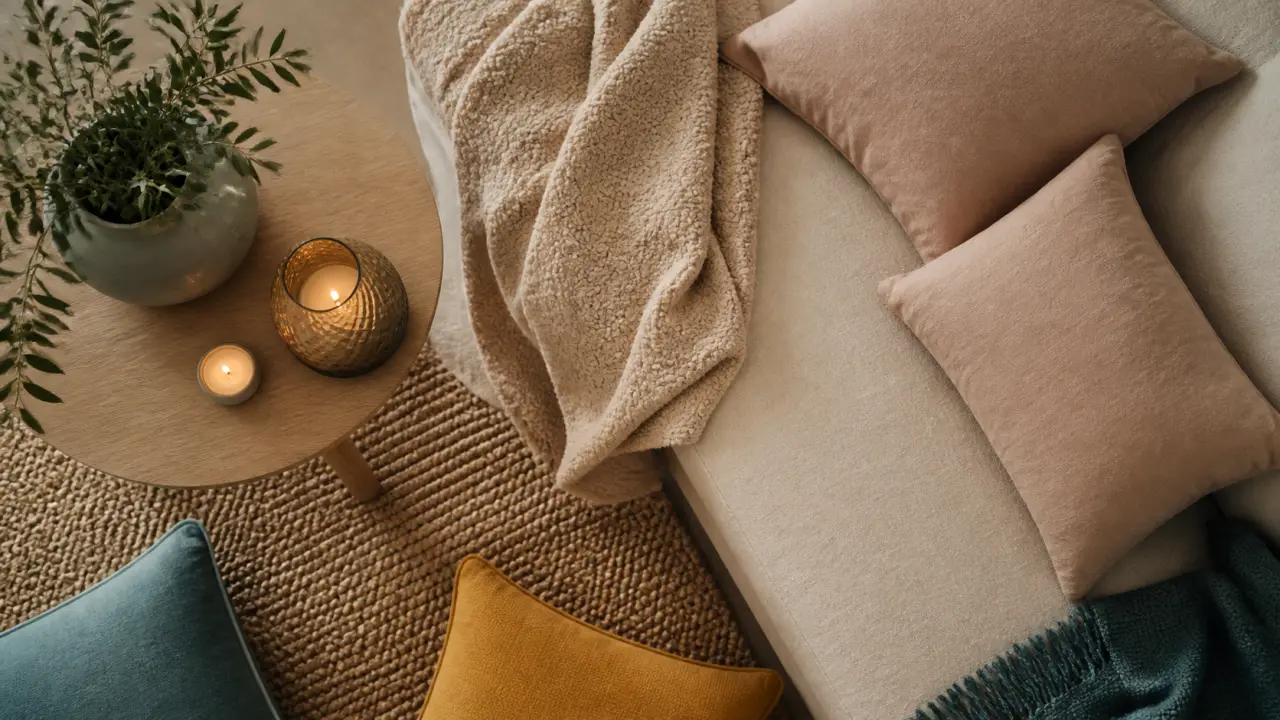 Déco scandinave cocooning : salon blanc, bois clair et lumière chaude