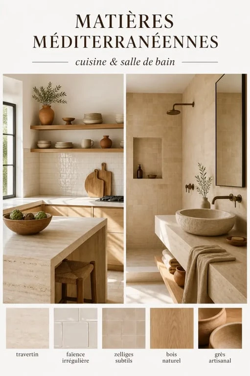 Décoration style méditerranéen dans une cuisine et une salle de bain aux matières minérales