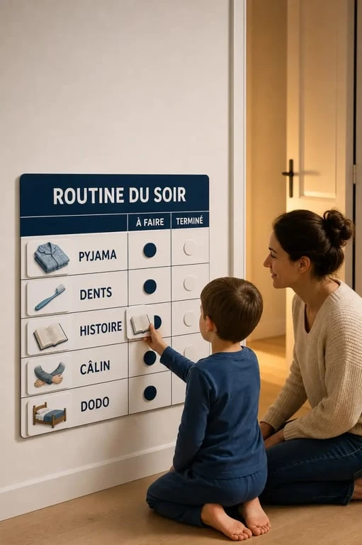 Routine du soir enfant avec tableau visuel à hauteur d'enfant pour suivre les étapes du coucher