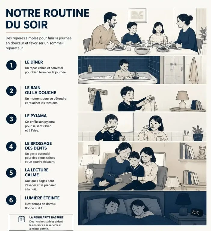 Routine du soir enfant illustrée en séquence de dîner, bain, pyjama, dents, histoire et coucher
