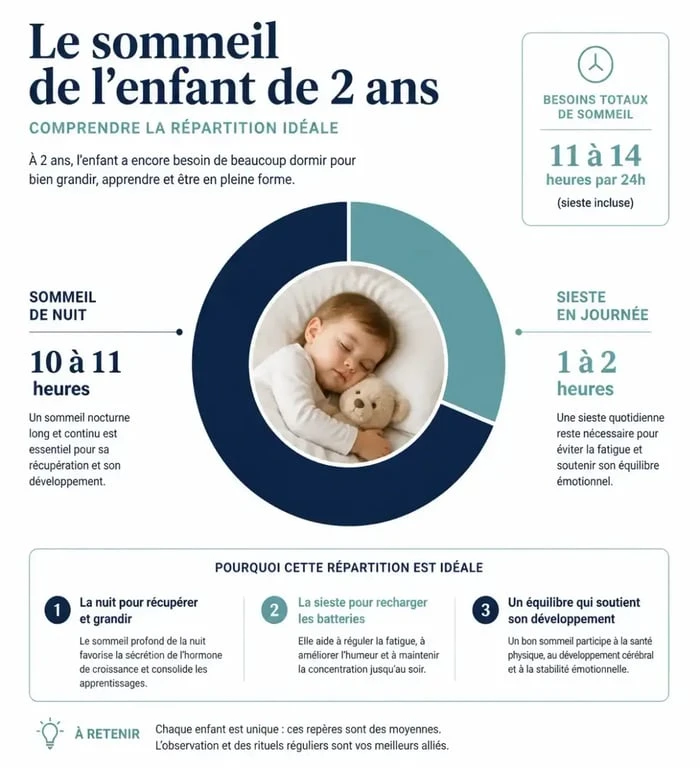 Infographie sur le sommeil enfant 2 ans : durée recommandée et répartition des siestes