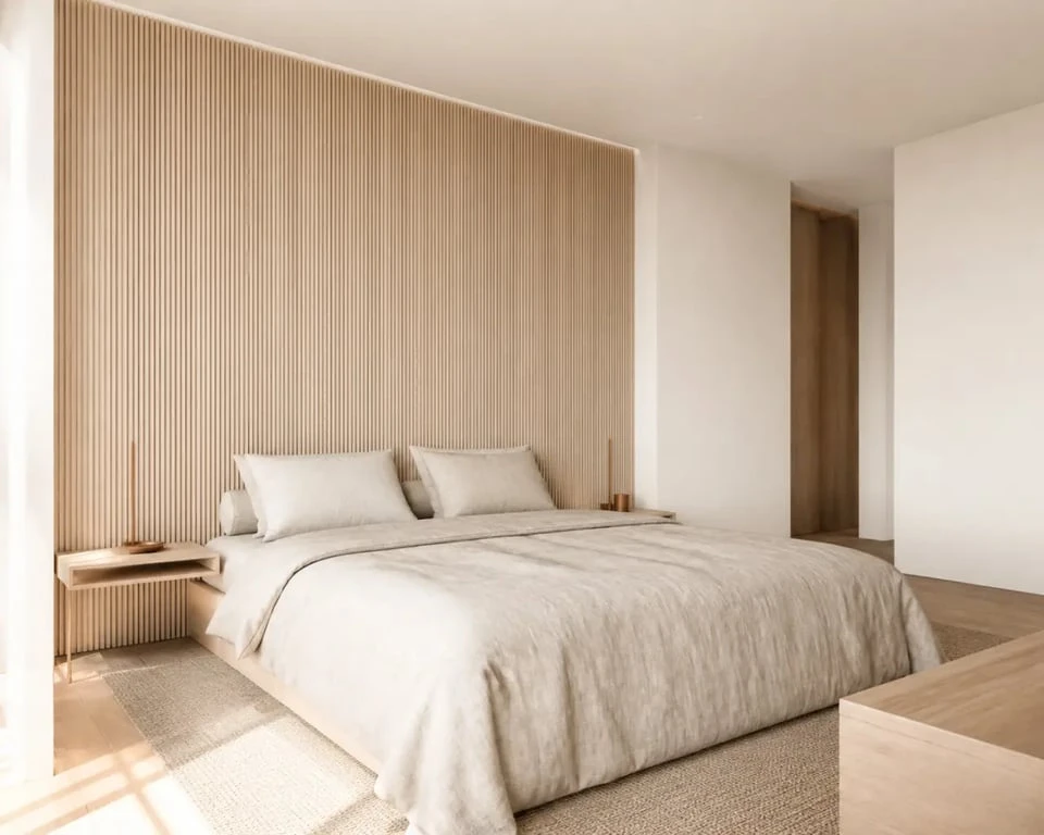 Déco tete de lit en bois blond dans une chambre minimaliste