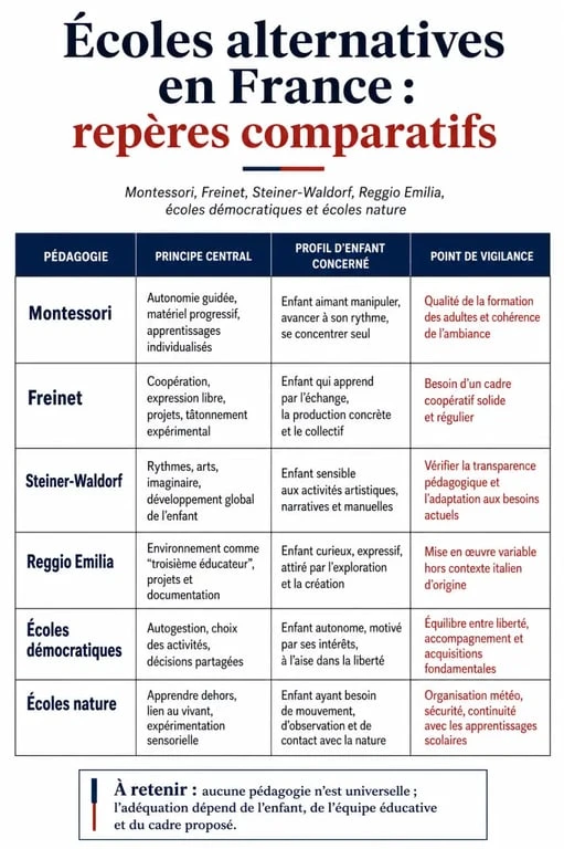 Comparatif des ecoles alternatives et de leurs pédagogies principales