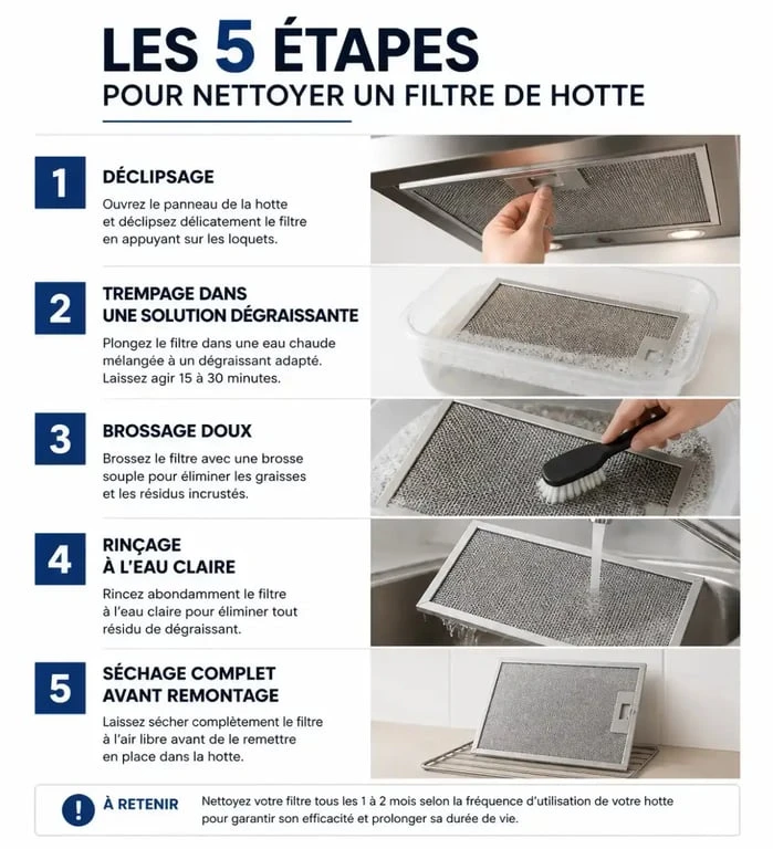 Étapes illustrées pour le nettoyage d'une grille de hotte de cuisine