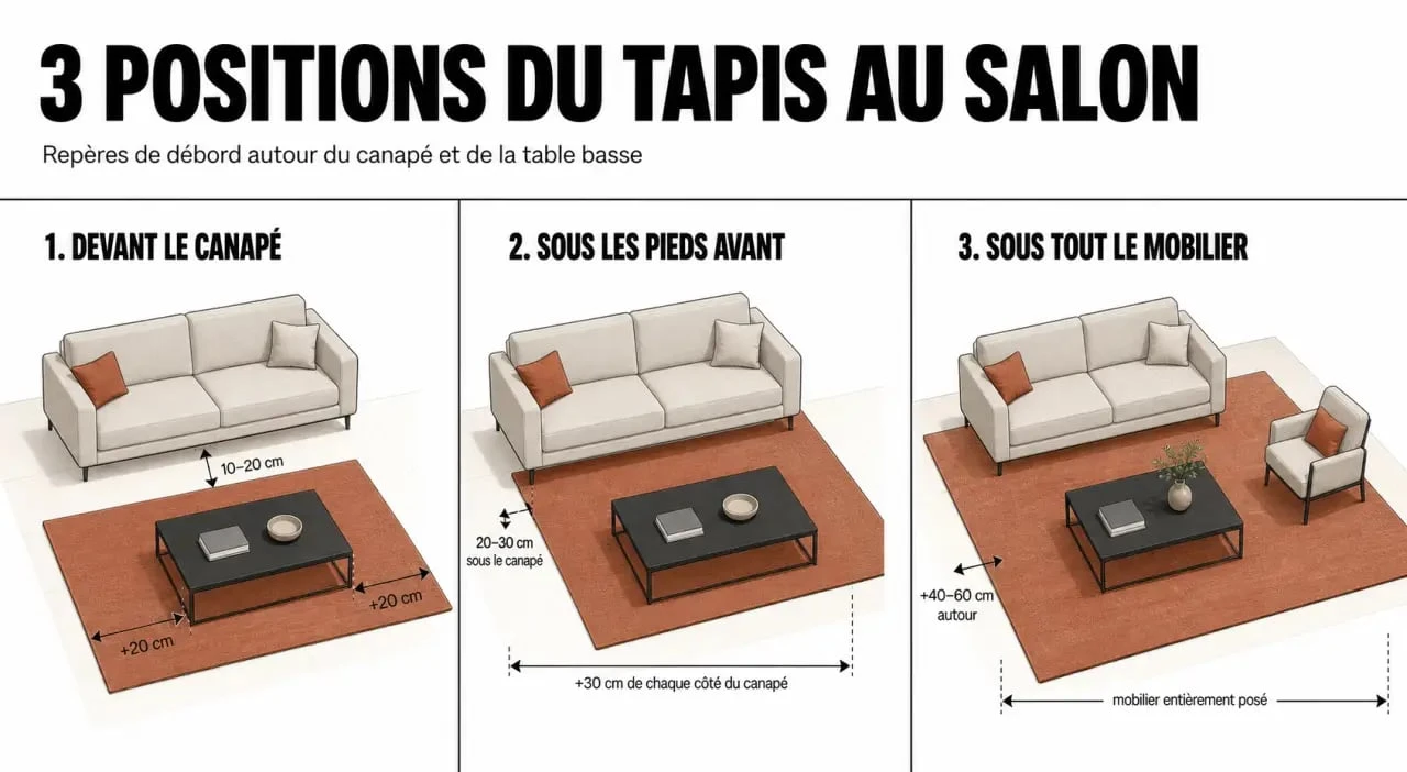 Tapis dans salon : schéma des trois positions possibles par rapport au canapé et à la table basse
