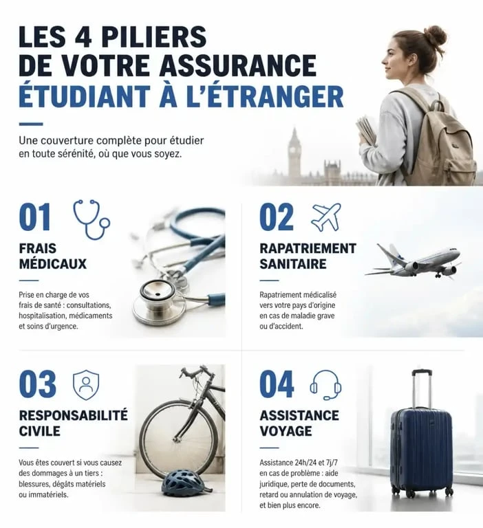 Infographie des garanties indispensables pour une assurance étudiant à l'étranger