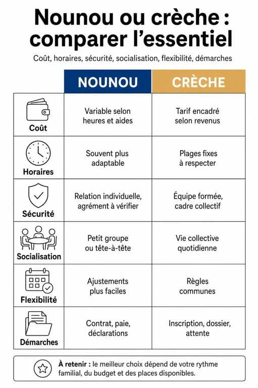 Comparatif nounou ou creche entre crèche et assistante maternelle, avec critères de coût, horaires, sécurité et socialisation