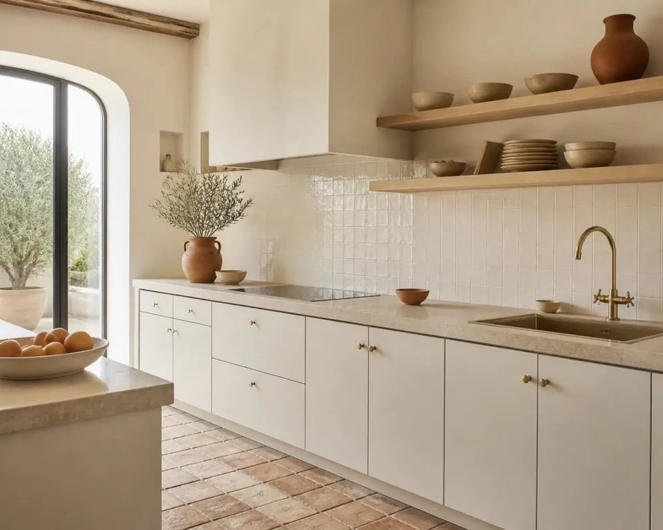 Décoration provençale chic dans une cuisine élégante avec pierre claire, zellige et vaisselle artisanale