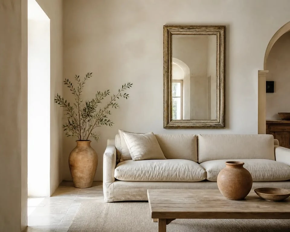 Décoration provençale chic dans un salon lumineux avec lin, bois patiné et terre cuite