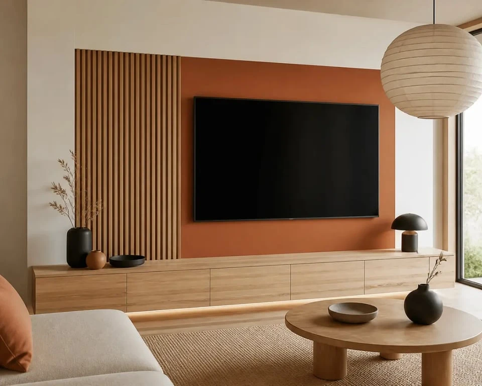Déco au dessus de la tele avec color block et tasseaux de bois