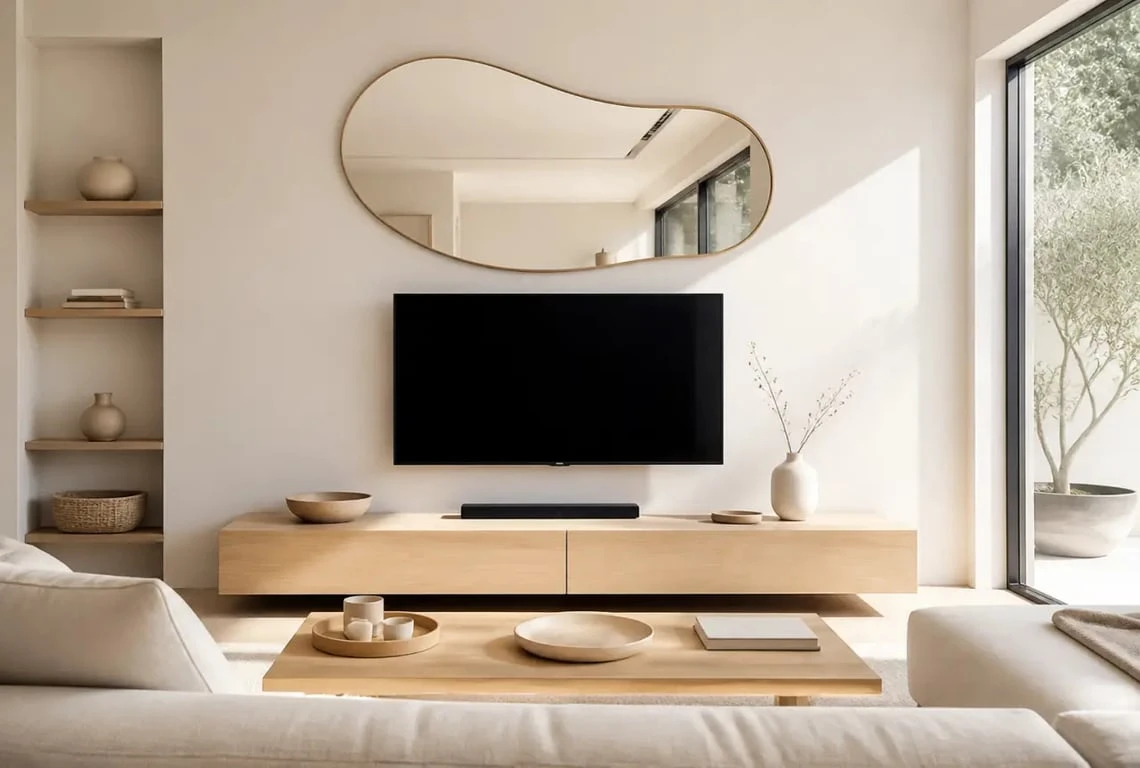 Déco au dessus de la tele avec miroir organique dans un petit salon lumineux