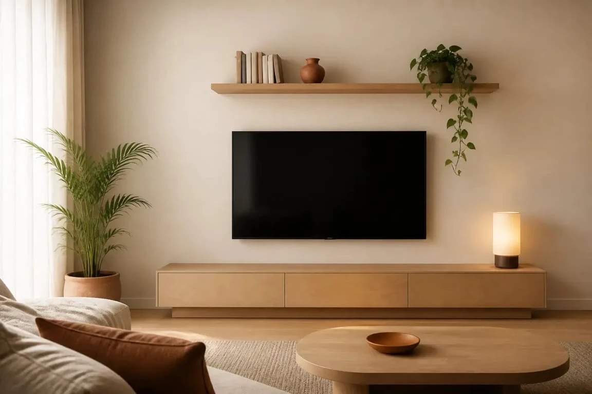 Déco au dessus de la tele avec étagère flottante minimaliste et plantes
