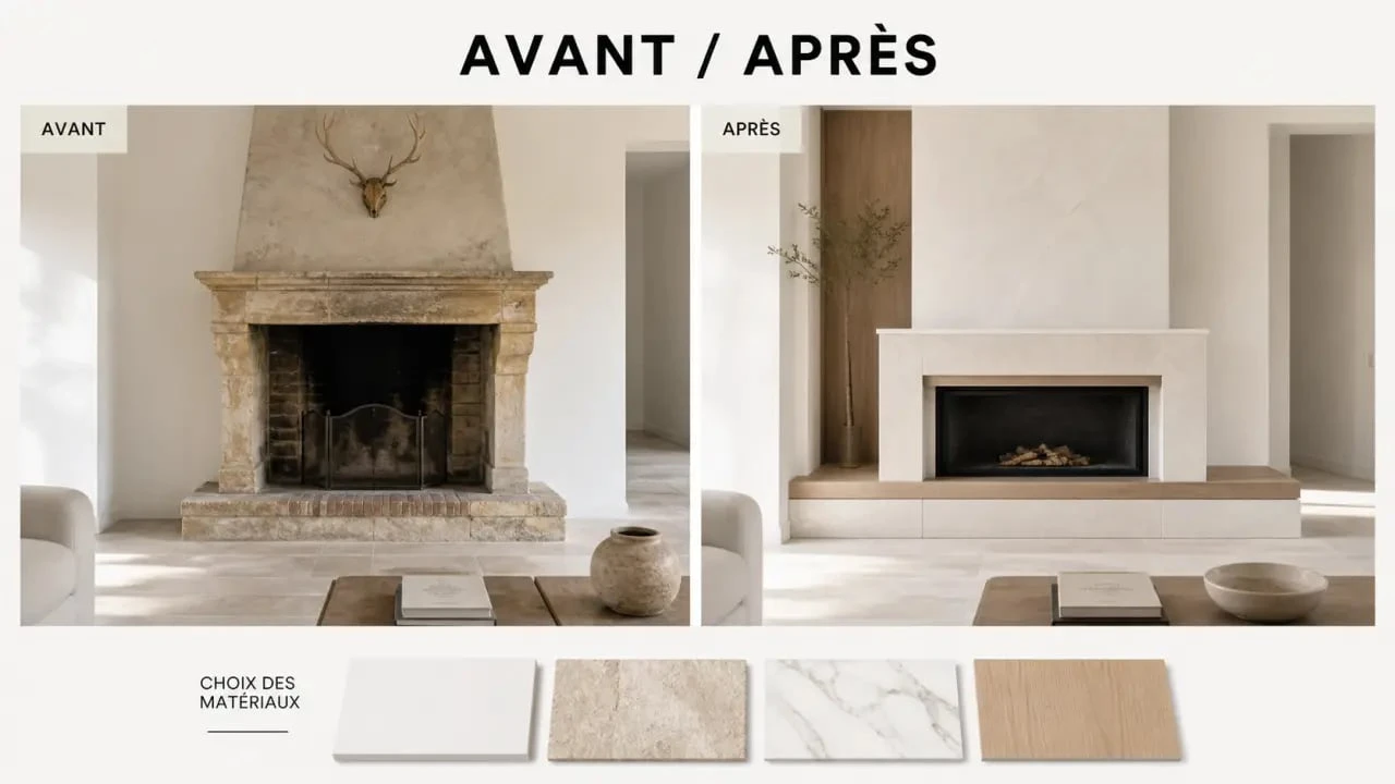 Habillage ancienne cheminée : avant/après d’une cheminée rénovée avec placo, pierre, marbre et bois