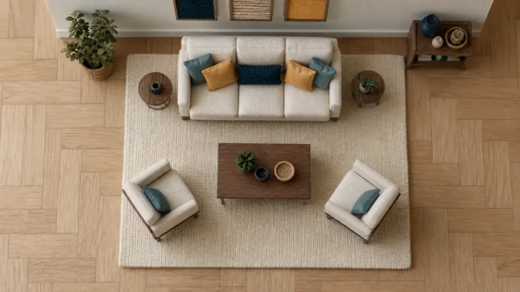 Tapis sous le canapé, devant lui ou sous tout le mobilier : quelle position choisir dans le salon ?