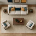Tapis dans salon sous canapé et mobilier